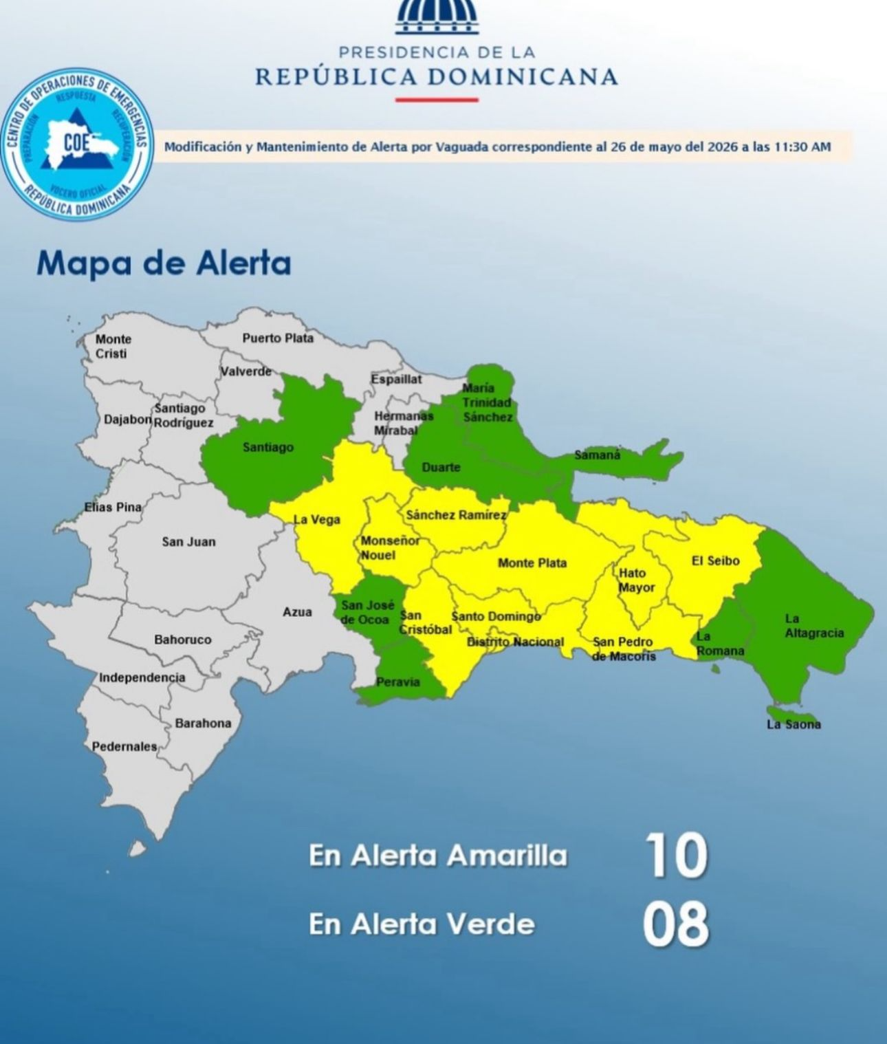 COE mantiene provincias en alerta por fuertes lluvias, tormentas eléctricas y ráfagas de viento